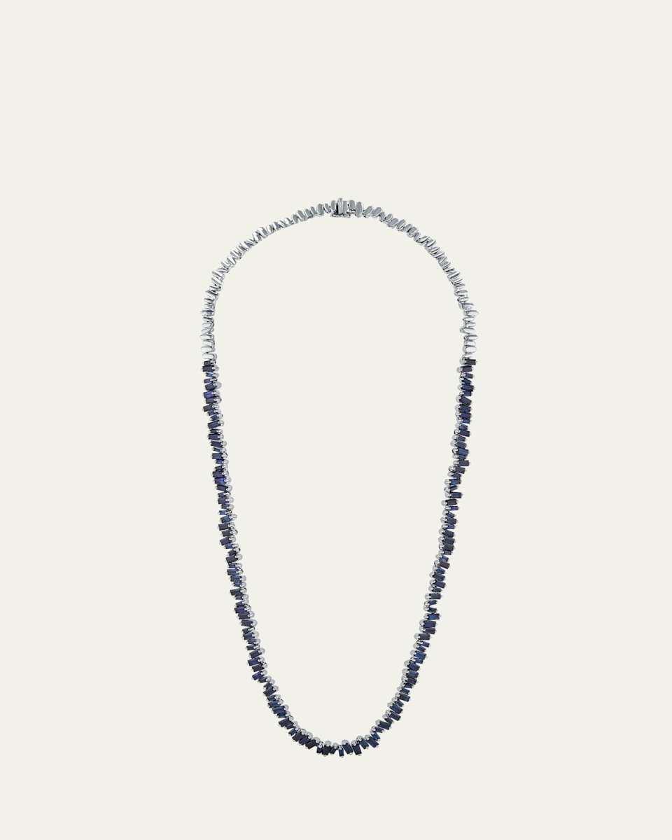 18K White Gold Tennis Necklace with Dark Blue Sapphire Baguettes